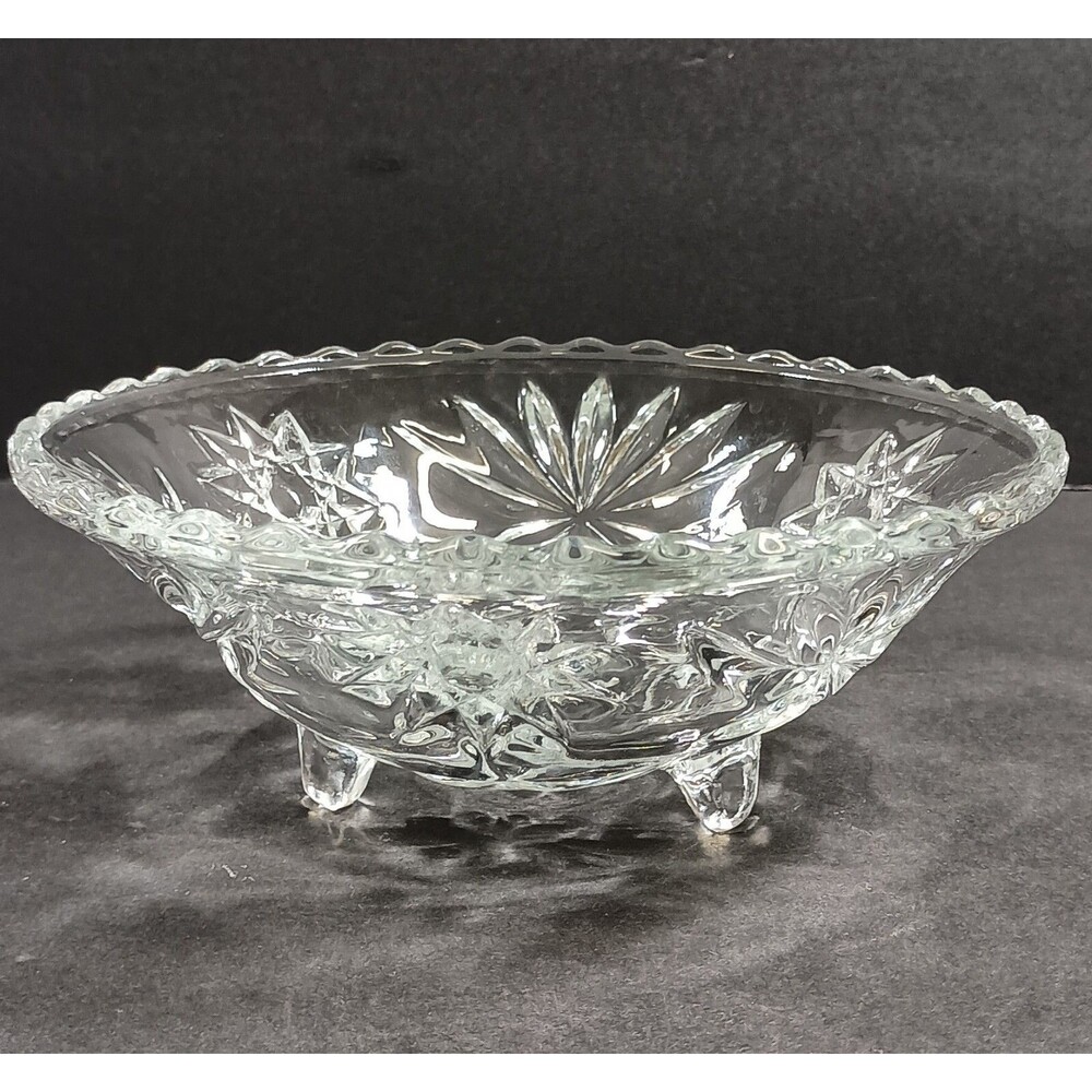 Anchor Hocking pressed glass clear trifooted candy bowl dish Star of David 6.75"